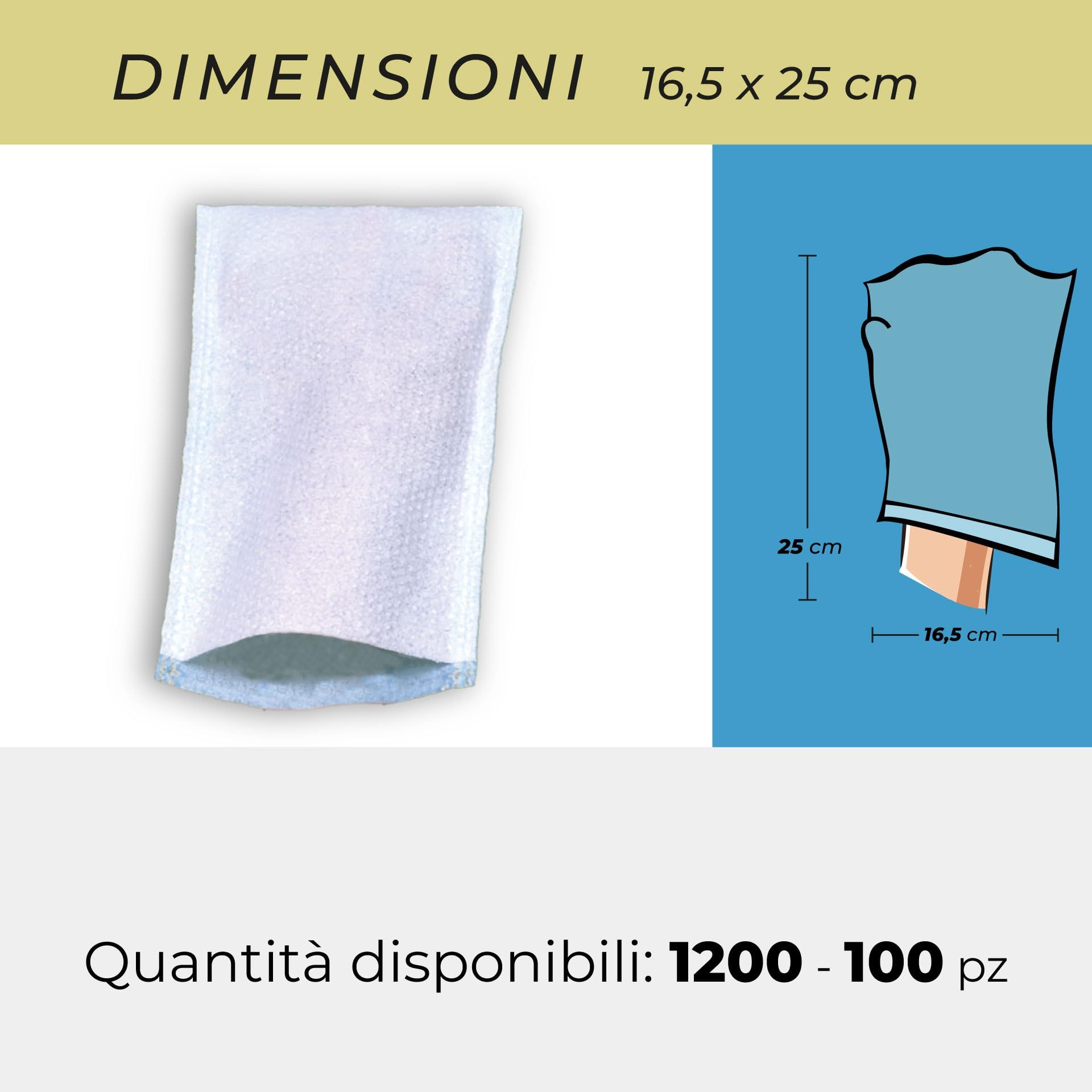 Guanto monouso per igiene, 16,5 x 25 cm. Illustrazione mostra le dimensioni. Quantità disponibili: 100-1200 pezzi.