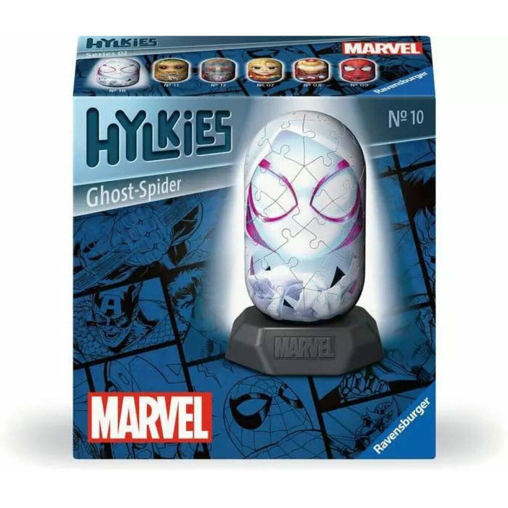 Scatola con puzzle 3D Ghost Spider. Logo Marvel, Hylkies, scritta Ghost-Spider. Puzzle su base.