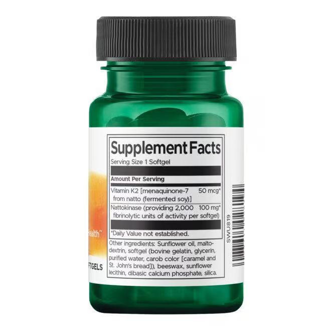 Retro del flacone verde. Etichetta con informazioni nutrizionali. Contiene vitamina K2 e Nattokinase.