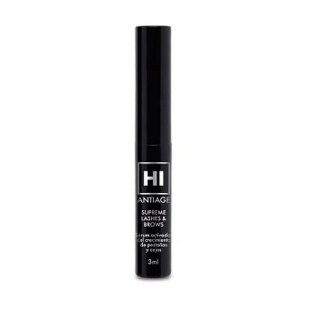 Tubo nero con scritta "HI ANTIAGE SUPREME LASHES & BROWS". Volume 3ml. Sfondo bianco.