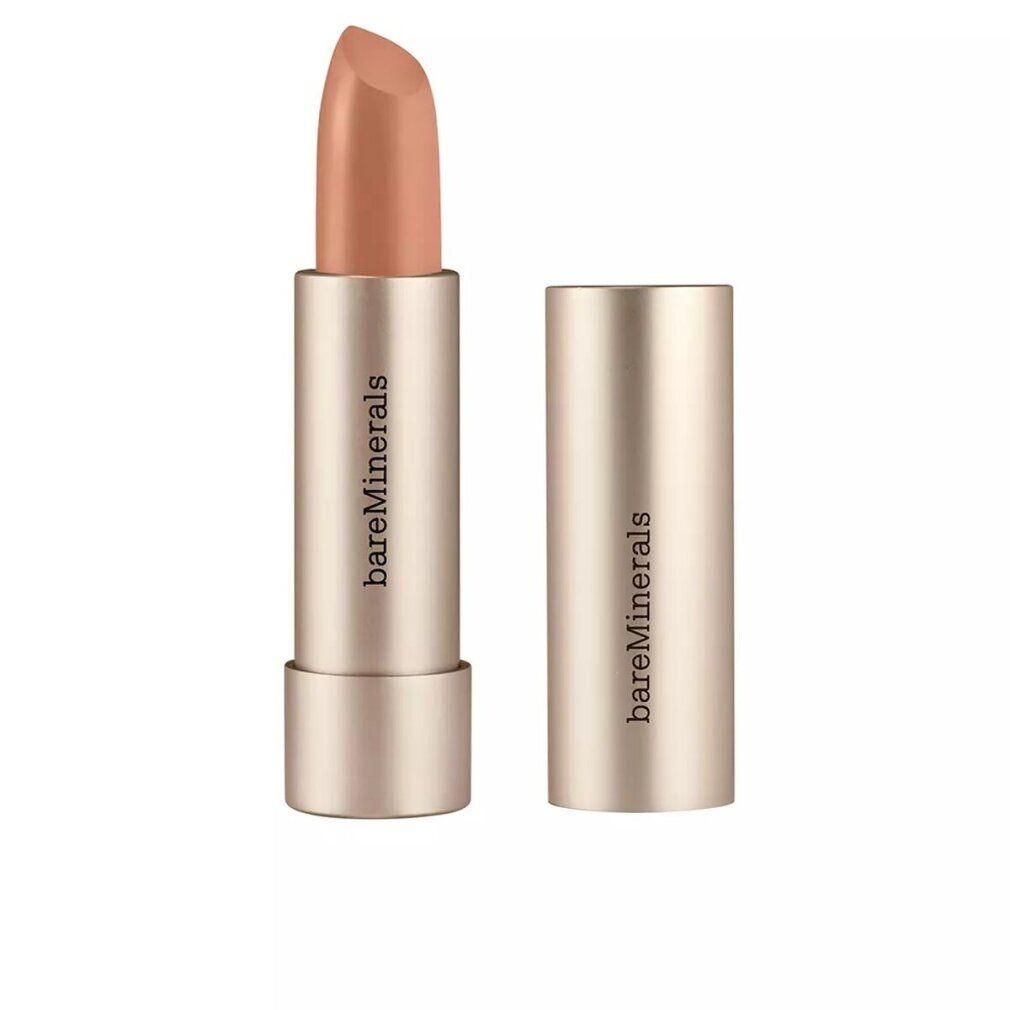 Rossetto con cappuccio aperto. Astuccio dorato con scritta "bareMinerals". Il rossetto è di una tonalità rosa chiaro.