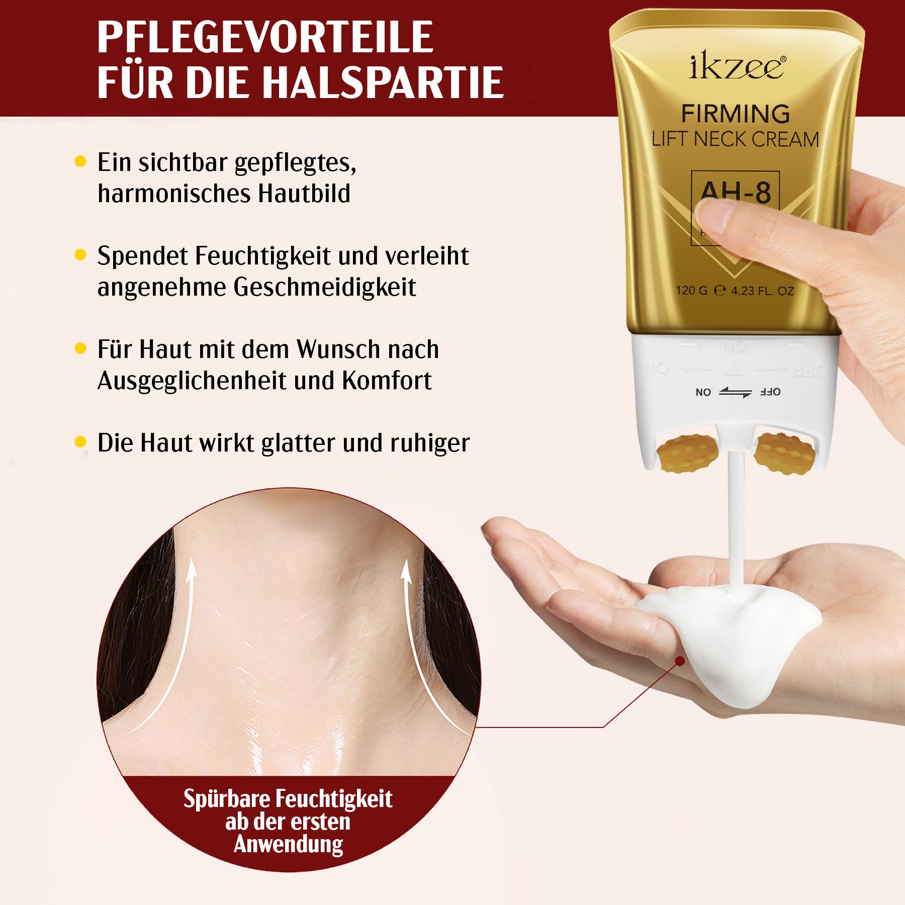 Tubo dorato con applicatore bianco. Testo: ikzee, Firming Lift Neck Cream AH-8. Mano che tiene il tubo, crema versata.