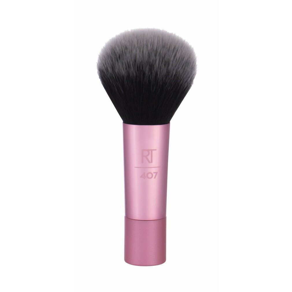 Pennello per polveri con manico rosa. Setole nere e bianche. Sul manico è scritto "RT 407".