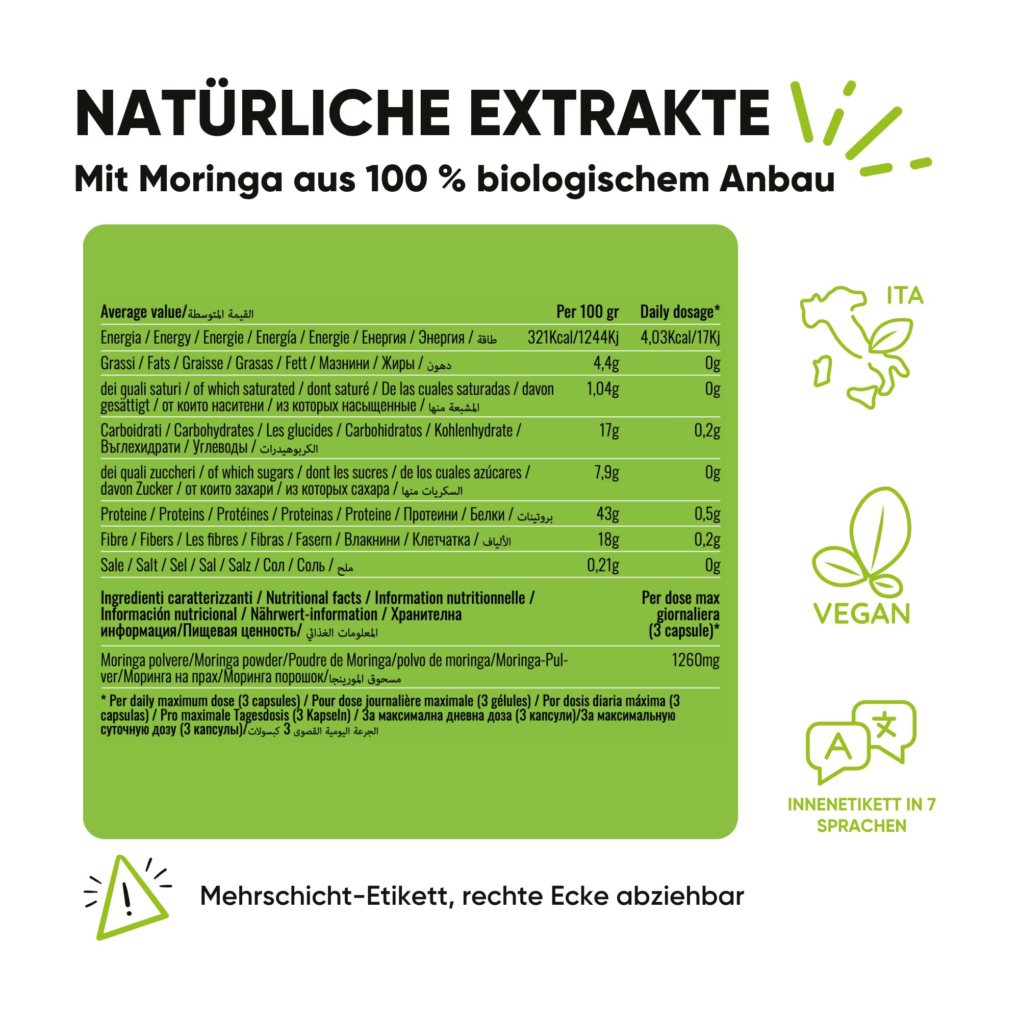 Retro di un flacone RedMoringa con tabella nutrizionale e loghi (Vegan, Italia).