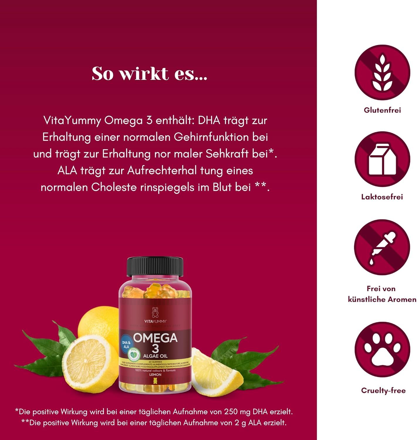 Flacone di Omega 3 gommose, limoni e foglie. Testo: VitaYummy Omega 3. Senza aromi artificiali, senza lattosio.