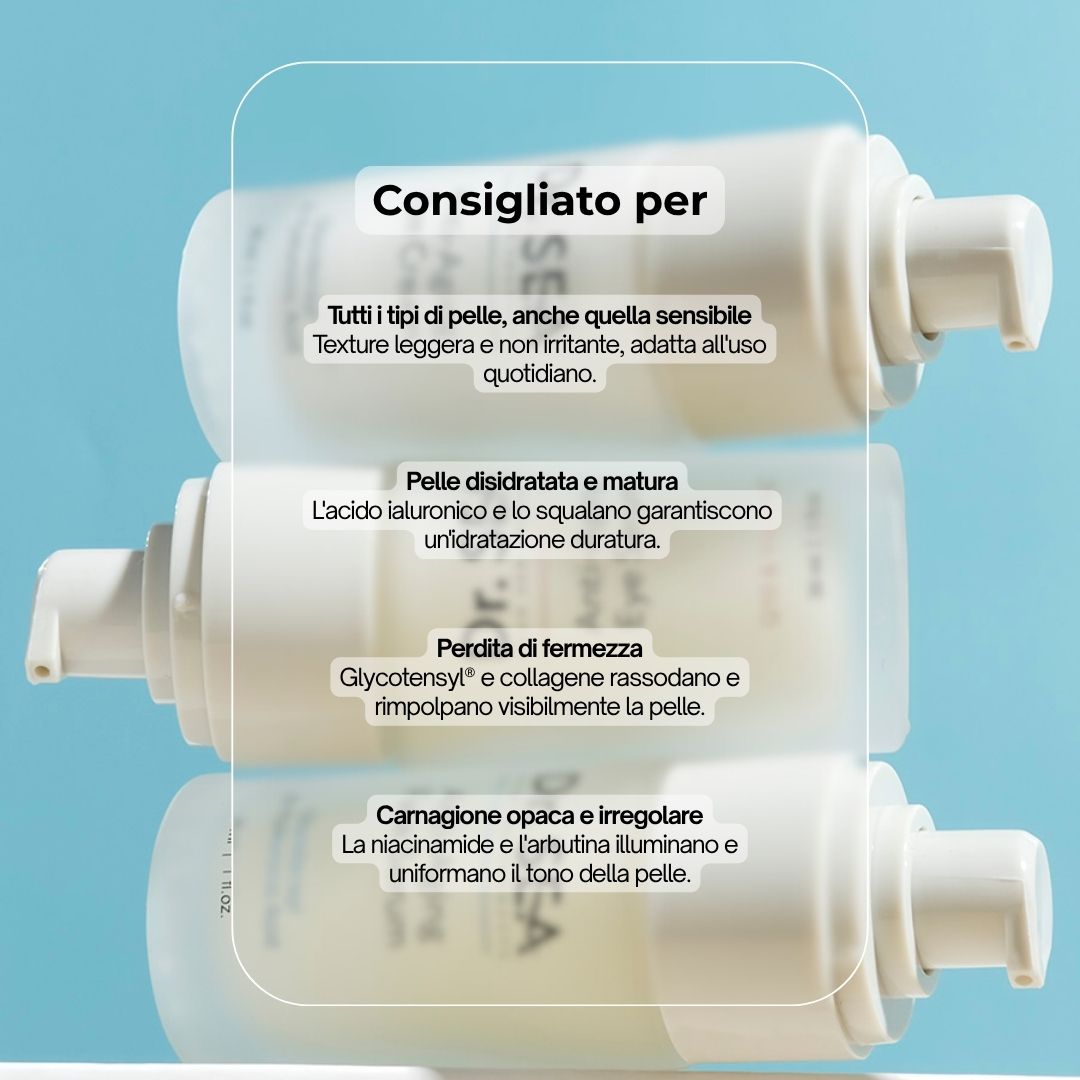 Flaconi di siero. Consigliato per: Tutti i tipi di pelle, pelle secca, perdita di fermezza, incarnato spento. Testo: Anti-Aging Face Serum.