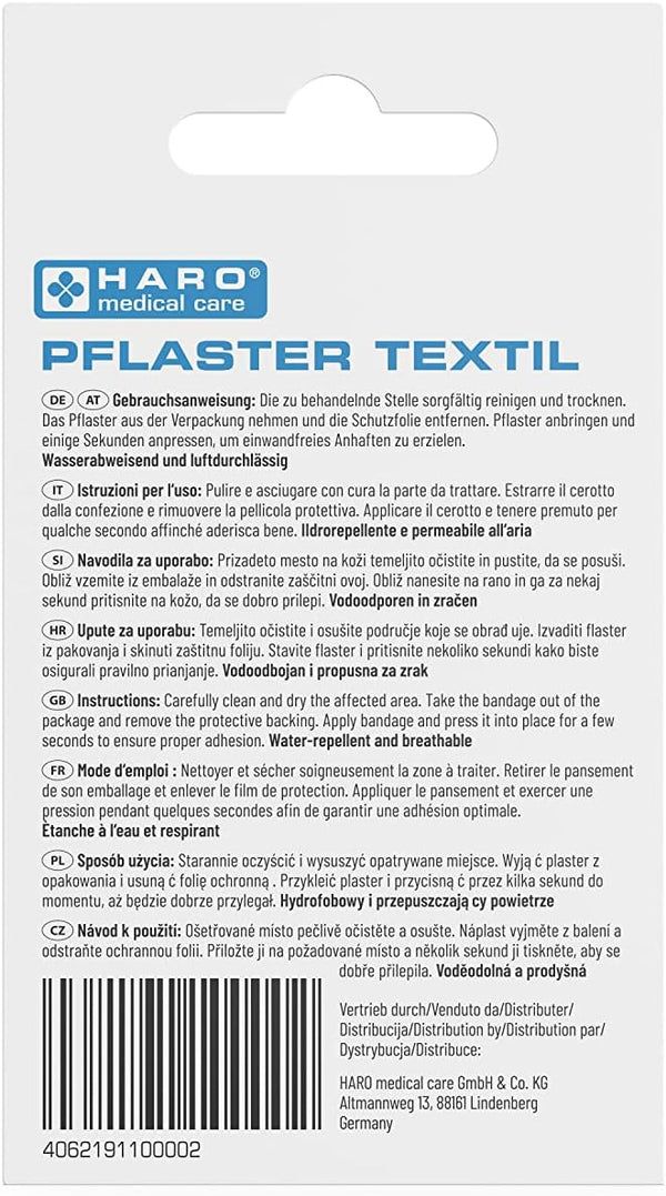 Retro confezione Haro Pflaster textil. Istruzioni multilingue. Dispositivo medico.