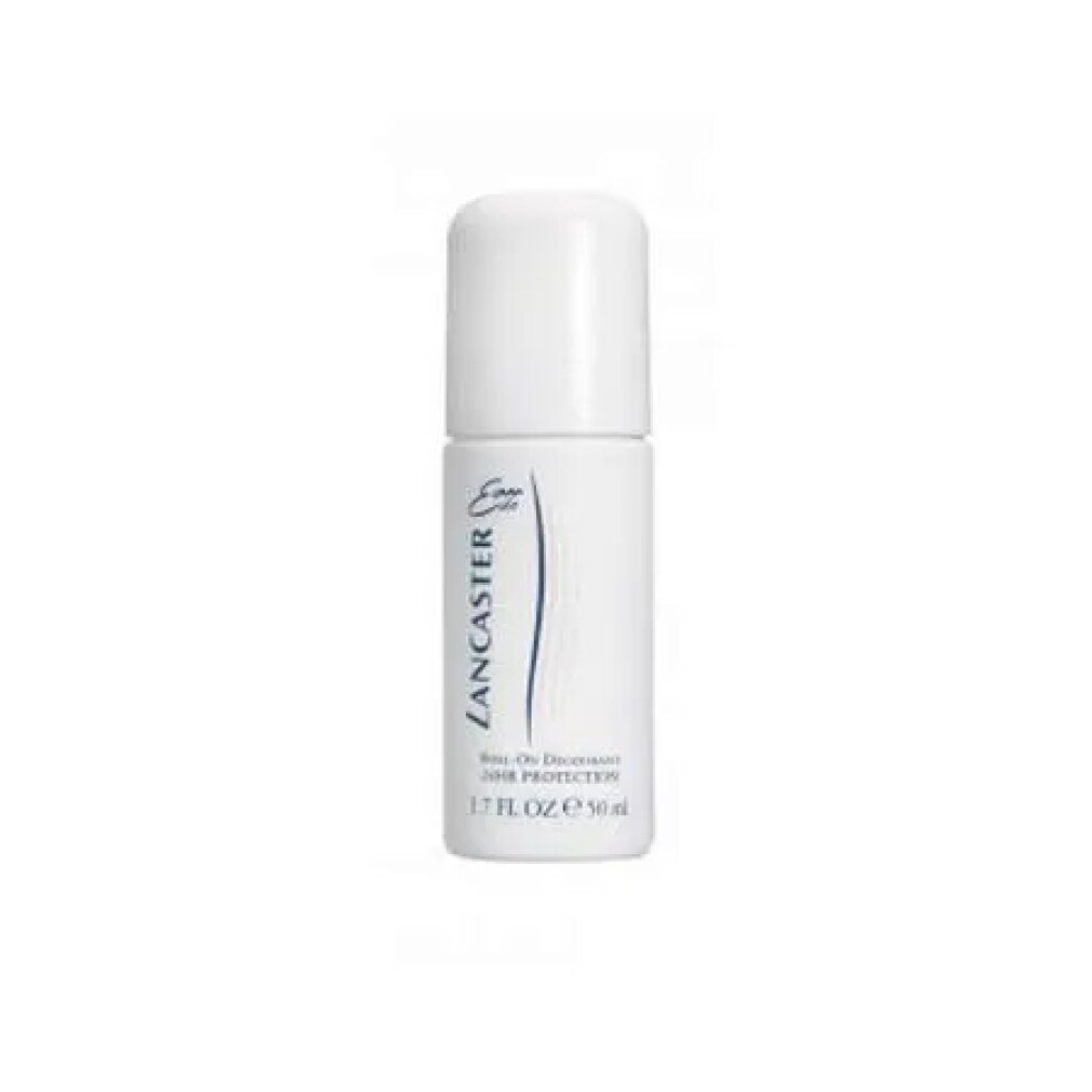 Deodorante roll-on bianco. Scritta: Eau de Lancaster, Roll-On Deodorant 24HR Protection.