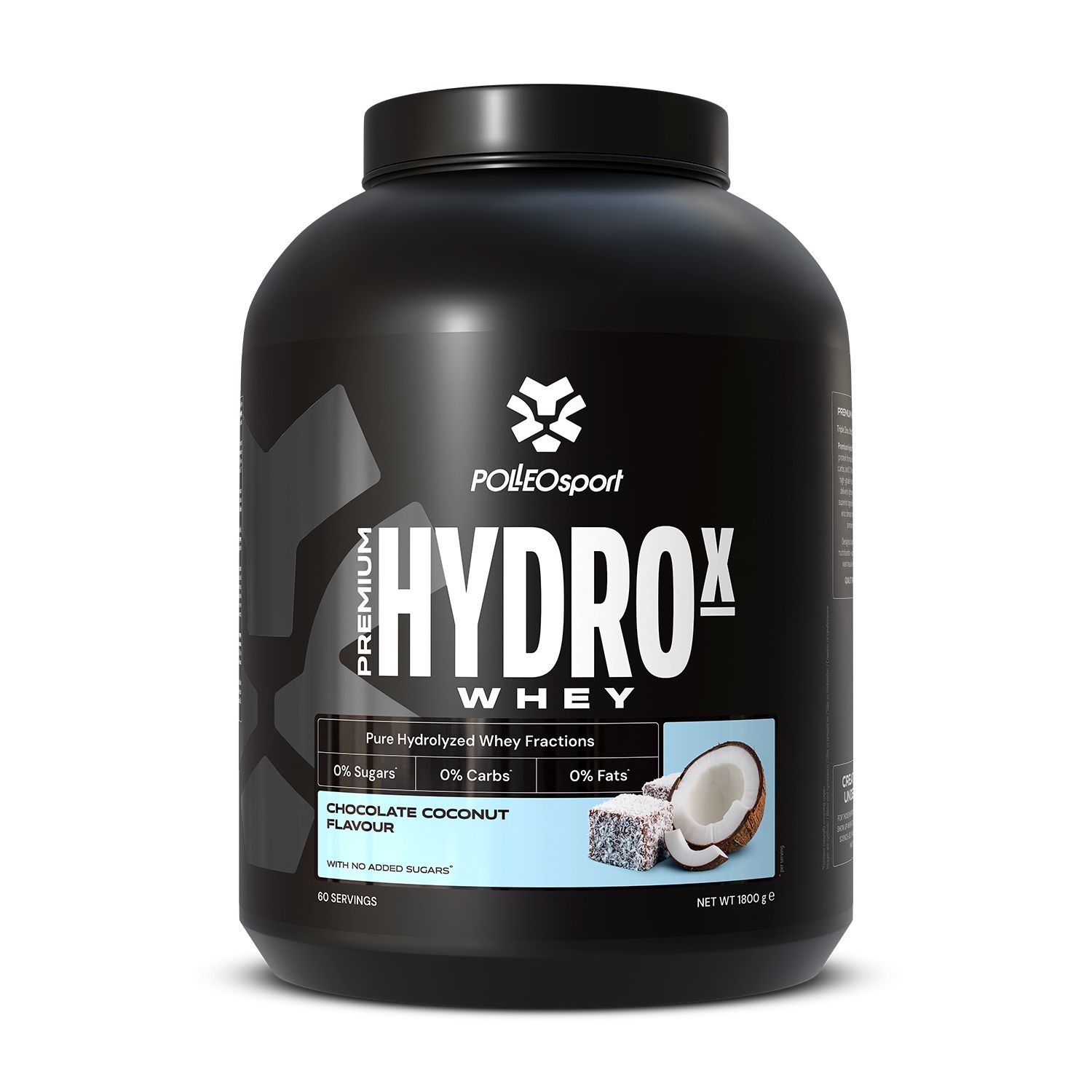 Barattolo nero "HYDROx Whey". Illustrazione cocco e cioccolato. Visibile "0% zuccheri, carboidrati, grassi" e "1800 g".