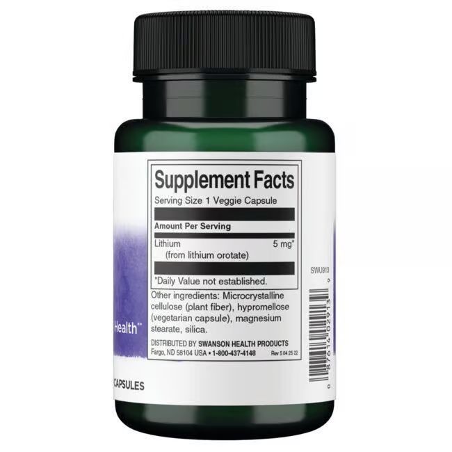 Retro di una bottiglia verde. Etichetta bianca con informazioni nutrizionali. Contiene litio 5 mg per capsula.