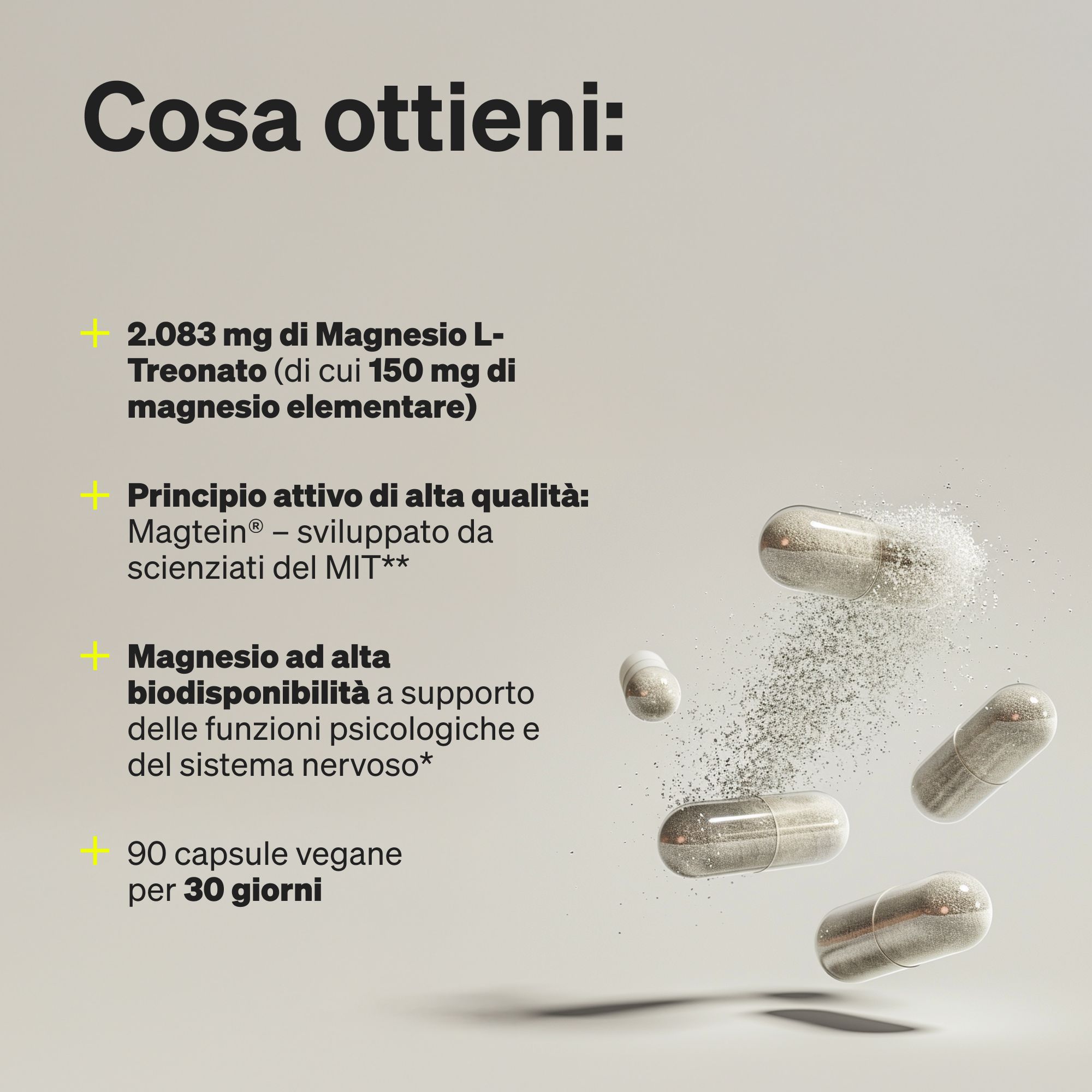 Flacone di capsule di Magnesio L-Treonato di natural elements.