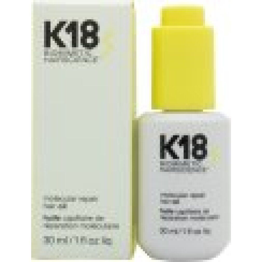 Confezione del prodotto: scatola e flacone bianchi. Scritta: K18, molecular repair hair oil, 30 ml/1 fl oz liq.