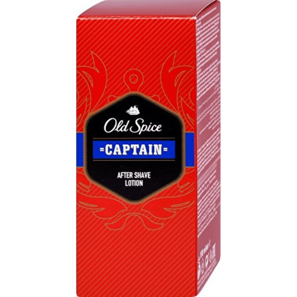Scatola rossa. Scritta: Old Spice Captain After Shave Lotion.