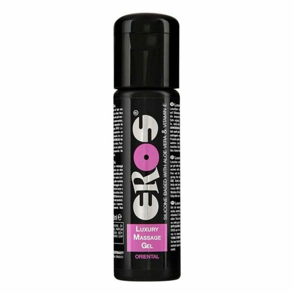 Flacone nero con logo "EROS" e testo. "Luxury Massage Gel Oriental" sotto. Contiene aloe vera e vitamina E.