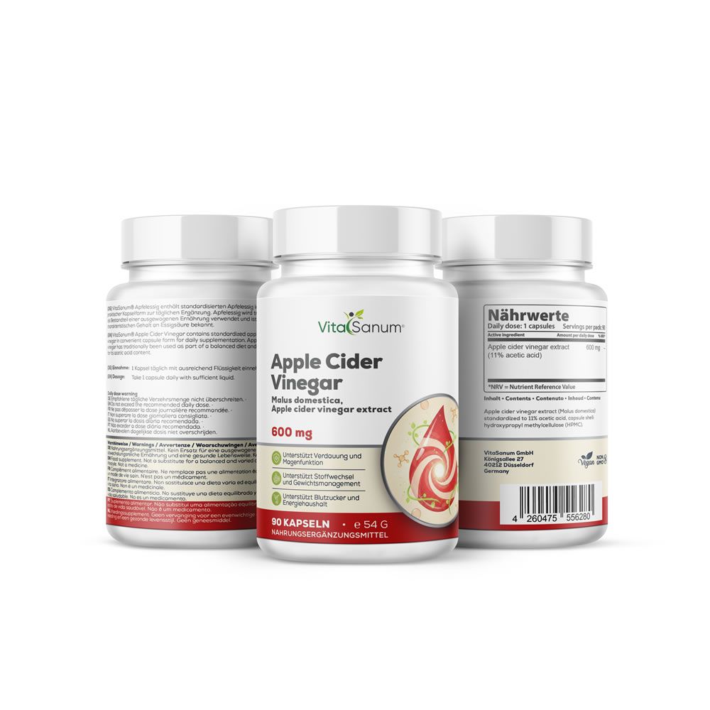 Tre flaconi VitaSanum® di capsule di aceto di mele. Contenitori bianchi con coperchi bianchi. Scritta: Apple Cider Vinegar, 600 mg, 90 capsule.