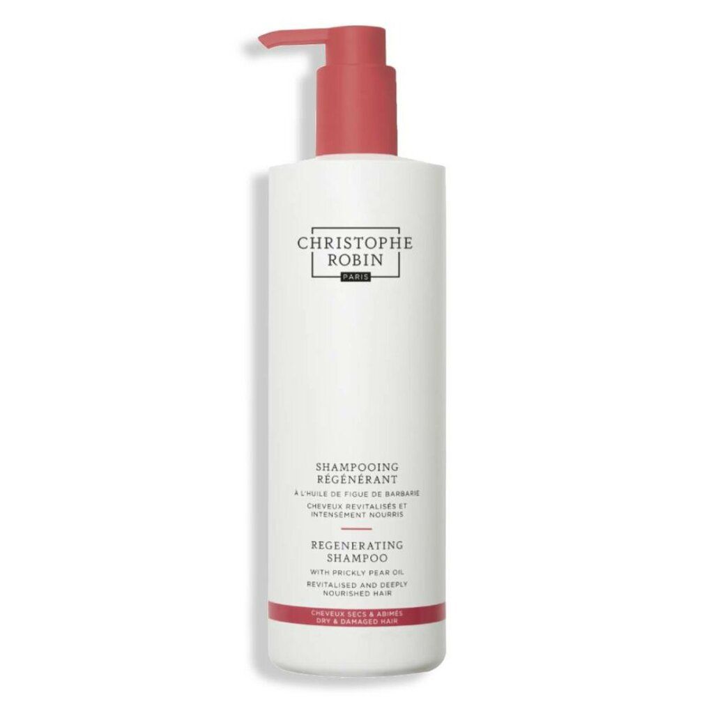 Flacone bianco con dosatore rosso. Testo: Christophe Robin, Shampooing régénérant, Regenerating Shampoo. Per capelli secchi e danneggiati.