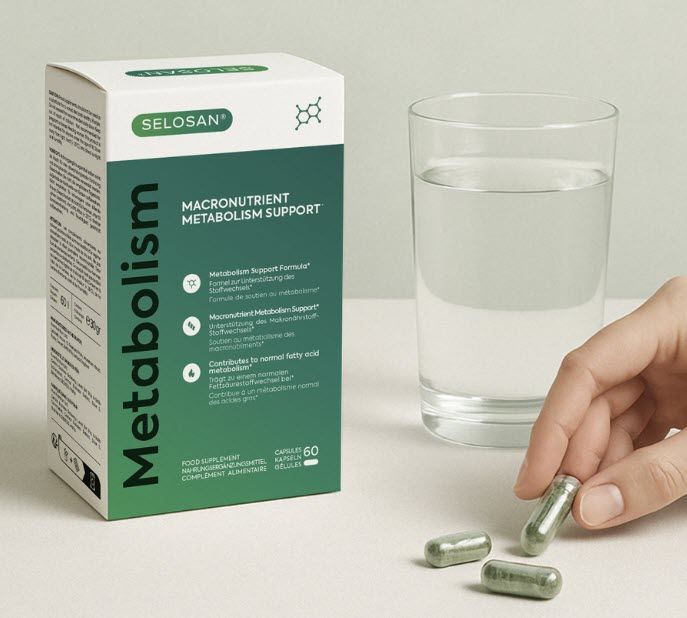 Scatola di capsule Selosan accanto a bicchiere d'acqua e mano con capsule. Scritta: "Metabolism", "Macronutrient Metabolism Support". Contiene 60 capsule.