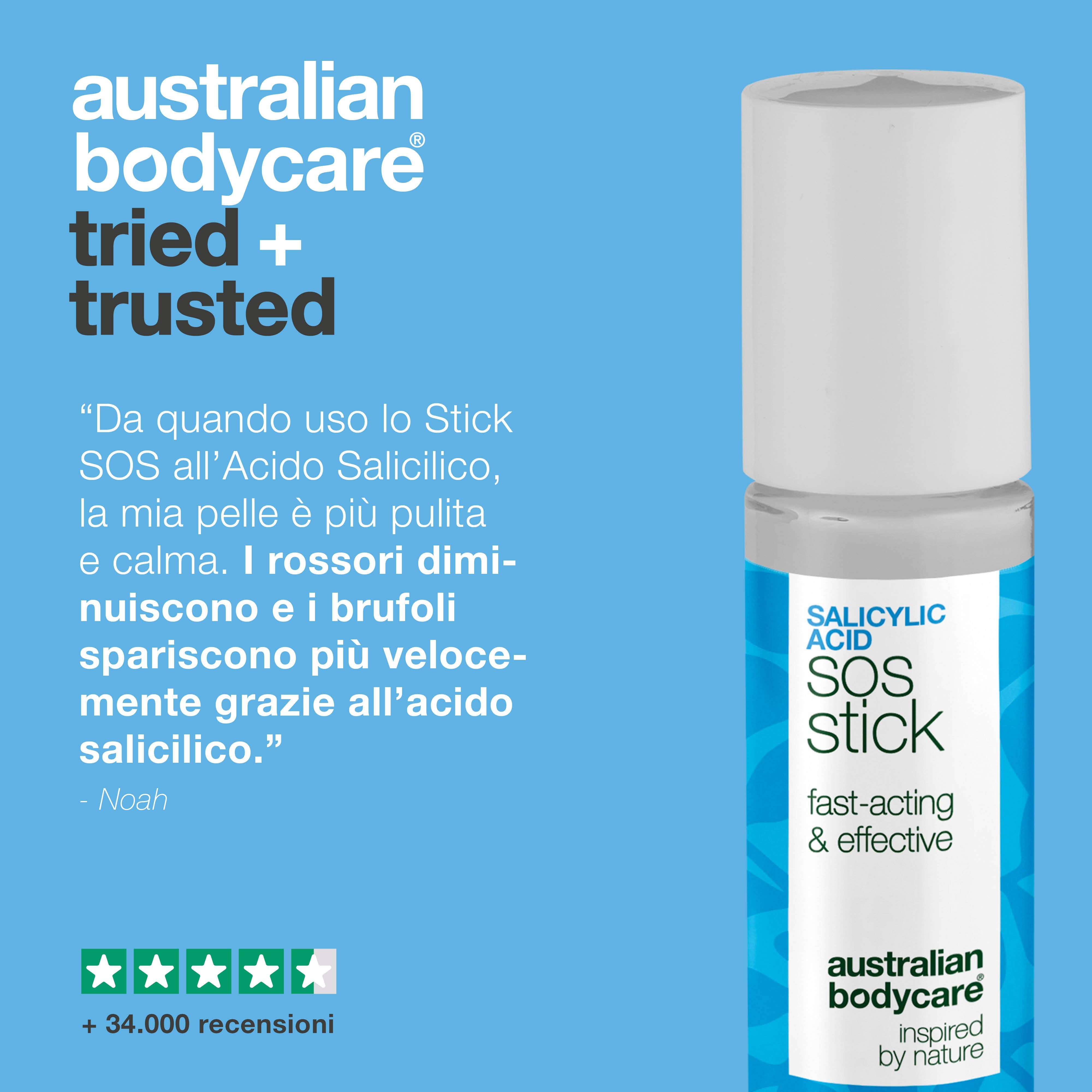 Stick con testo: Salicylic Acid SOS Stick. Azione rapida. Confezione blu e bianca.
