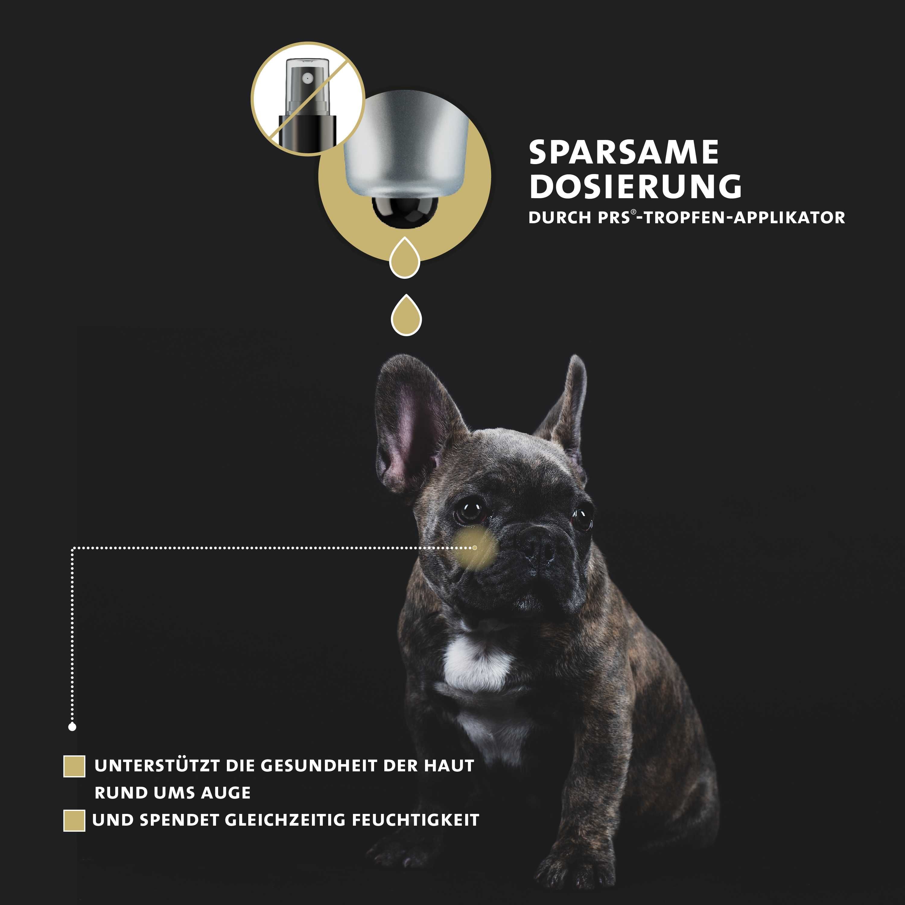 Bulldog francese con zona gialla intorno all'occhio. Testo: Dosaggio economico grazie all'applicatore a goccia PRS. Supporta la salute della pelle.