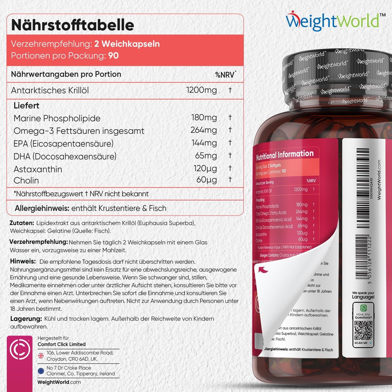 Tabella nutrizionale. Olio di krill, 1200mg. Fosfolipidi marini, Omega-3, EPA, DHA, Astaxantina, Colina. Flacone.