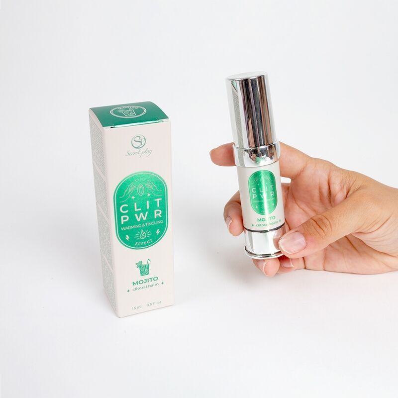 Prodotto e confezione. Scritta: CLIT PWR Mojito. Flacone con tappo argentato. Mano che tiene il flacone.