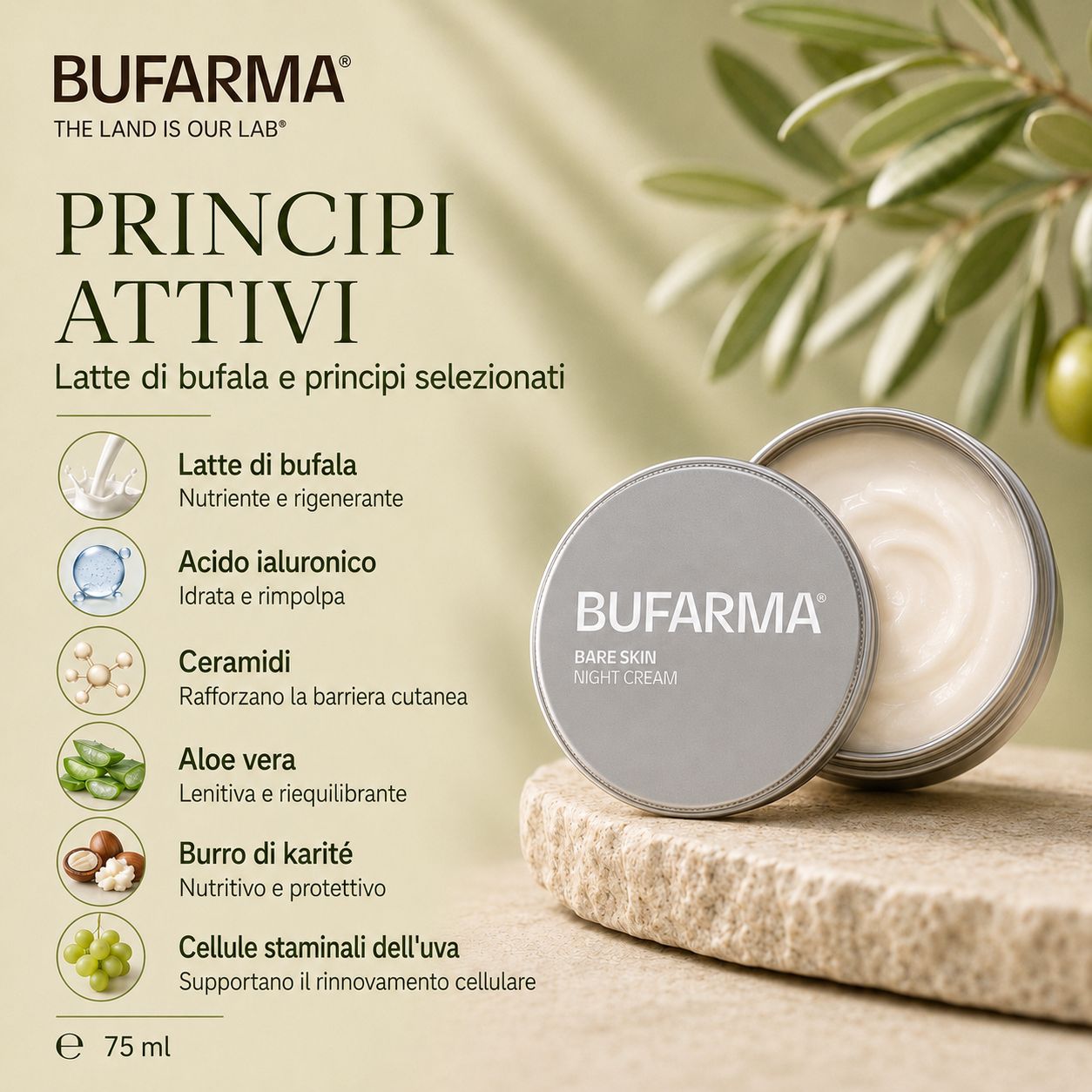 Barattolo di Bufarma Crema Notte aperto, texture cremosa visibile.