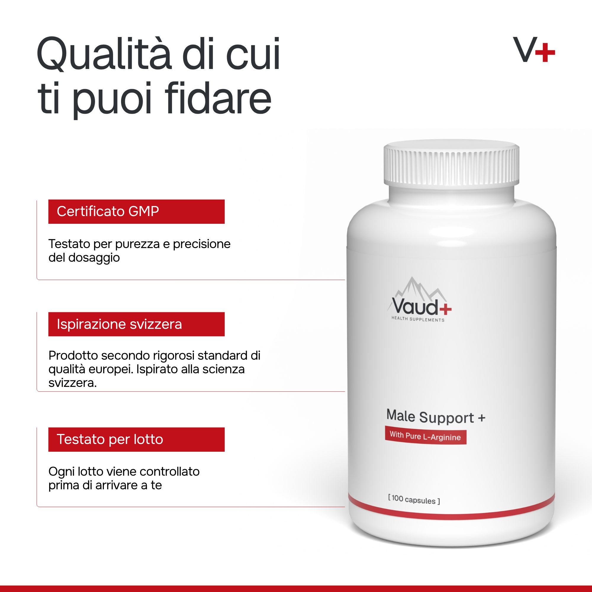 Una bottiglia bianca con capsule e testo, con certificazioni.