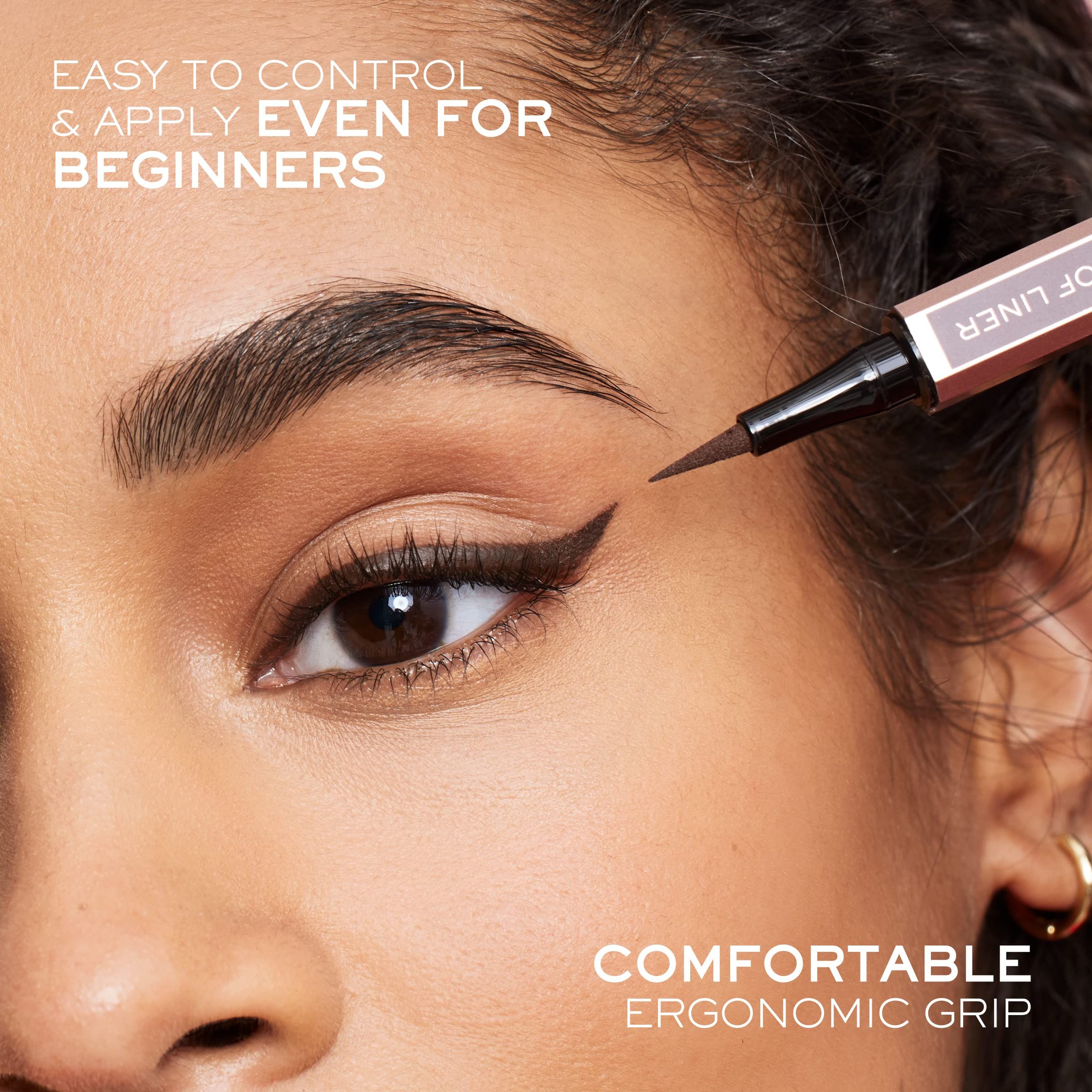 Primo piano di un occhio con eyeliner. L'eyeliner viene applicato con un applicatore. Testo: EASY TO CONTROL & APPLY EVEN FOR BEGINNERS, COMFORTABLE ERGONOMIC GRIP.