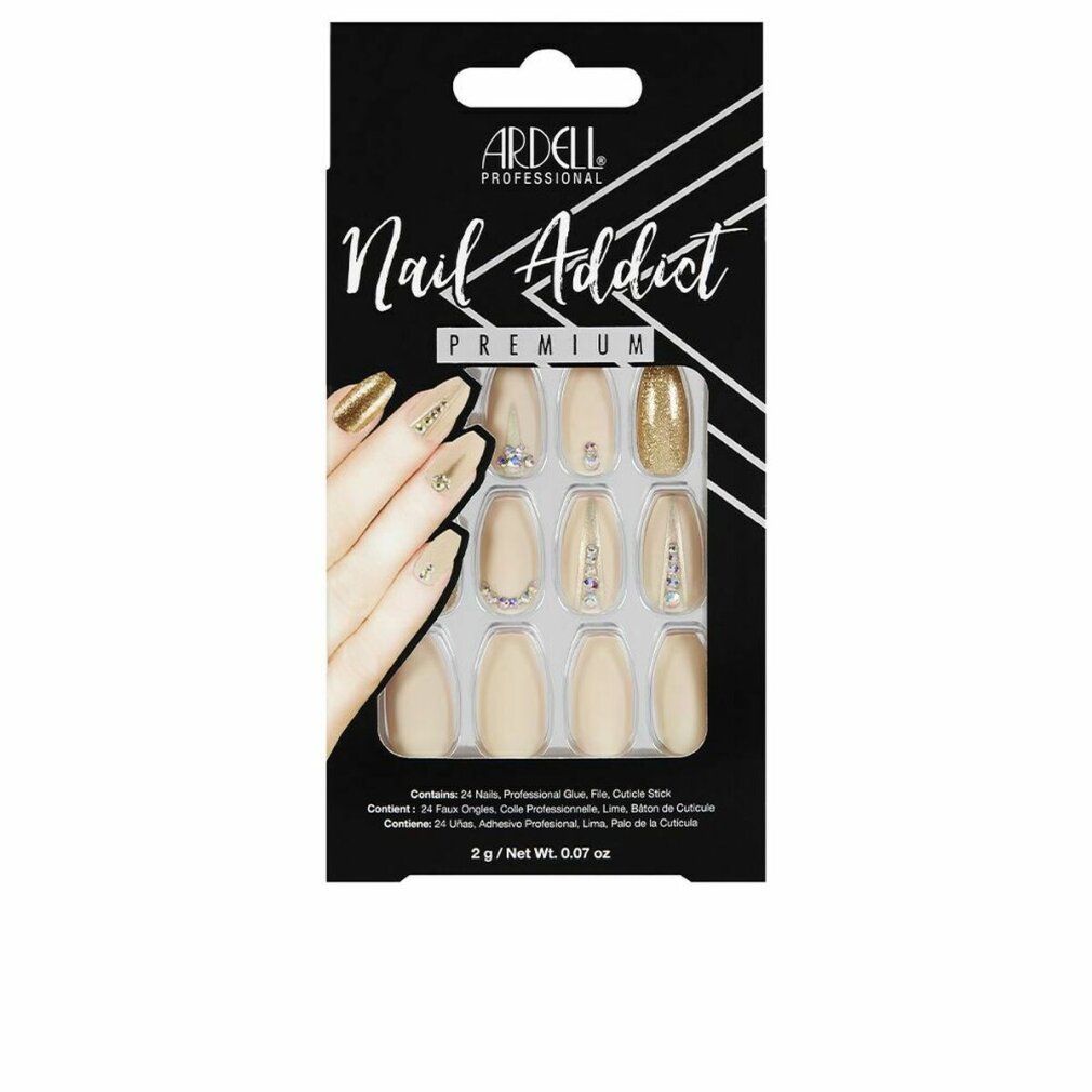Unghie finte Ardell Nail Addict Premium. Unghie beige e dorate con gioielli. Confezione nera con nome del prodotto.