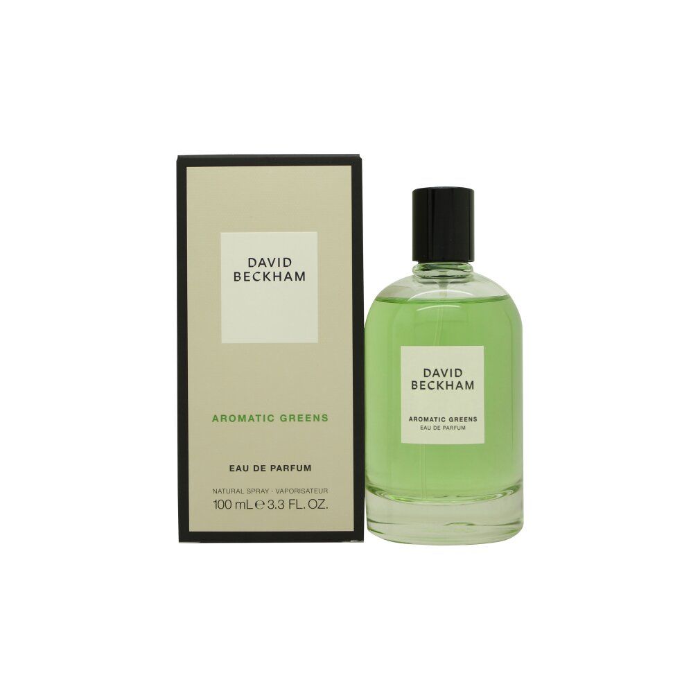 Flacone di profumo e scatola. Flacone con Eau de Parfum verde, etichetta 'DAVID BECKHAM AROMATIC GREENS', 100ml.