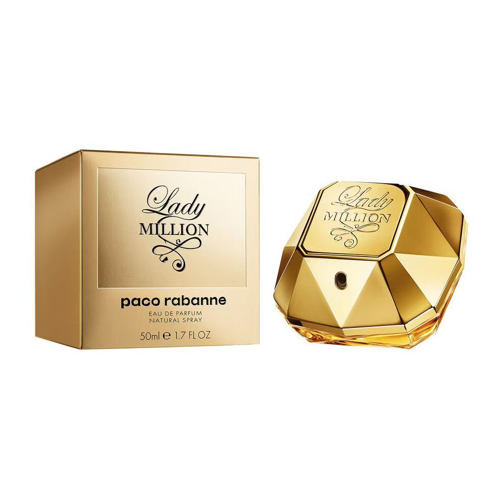 Flacone e scatola dorati. Scritta "Lady Million" e "paco rabanne". 50ml.