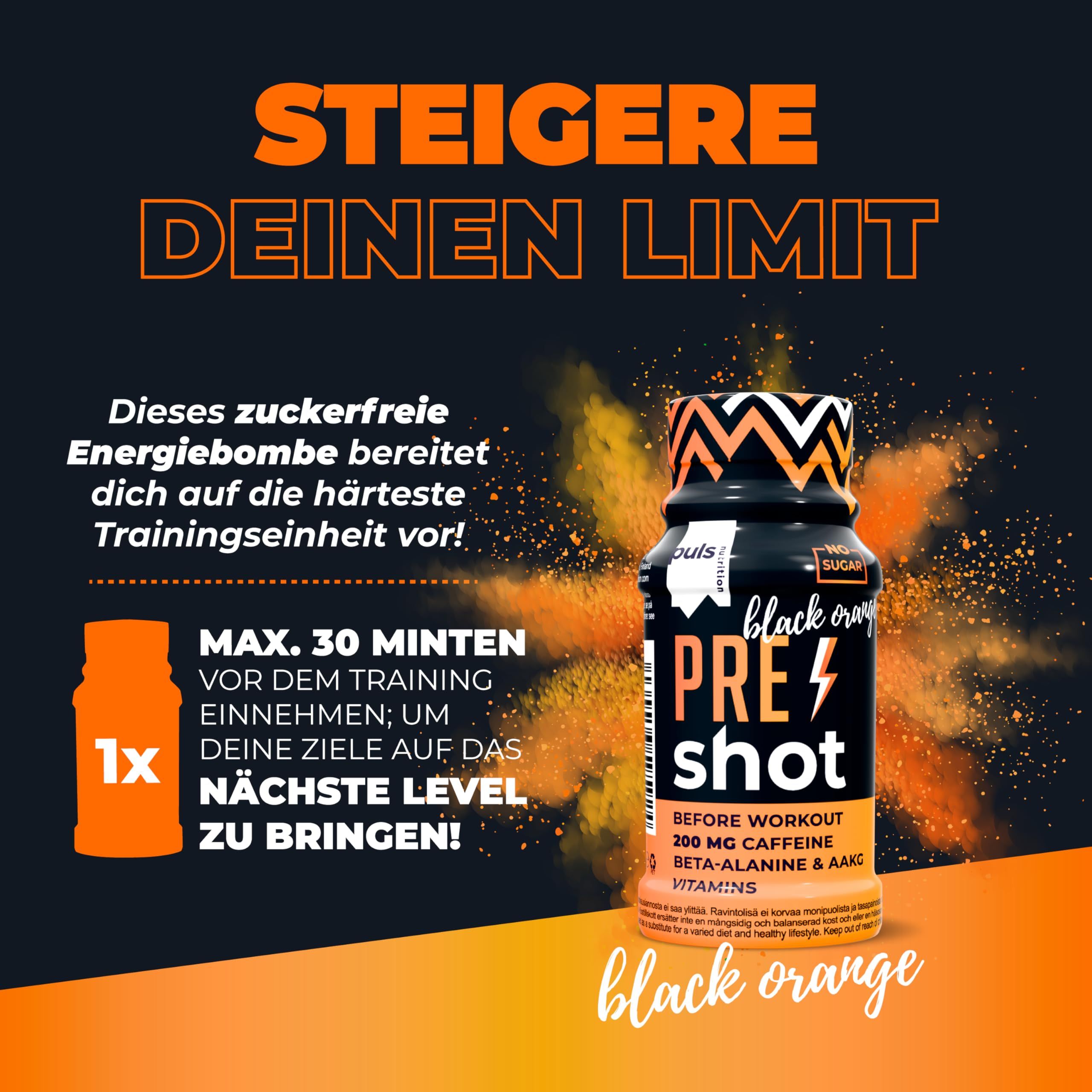 Puls Nutrition Pre Workout Shot Black Orange: senza zuccheri, per gli allenamenti più duri.