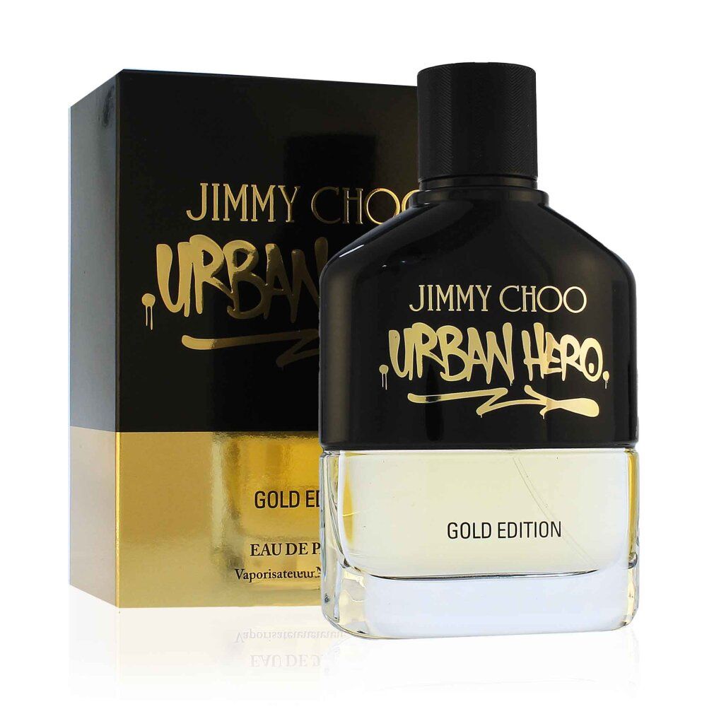 Flacone e confezione neri. Stampa dorata. Flacone trasparente, contenuto giallastro. Scritta: Jimmy Choo Urban Hero Gold Edition.