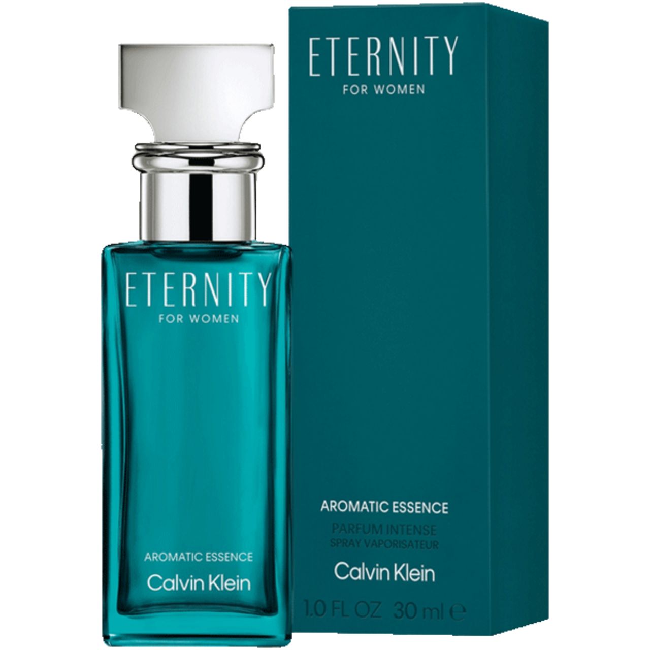 Flacone e scatola turchese. Scritta: Eternity for Women, Aromatic Essence, Calvin Klein. Sulla scatola: Spray Vaporisateur.