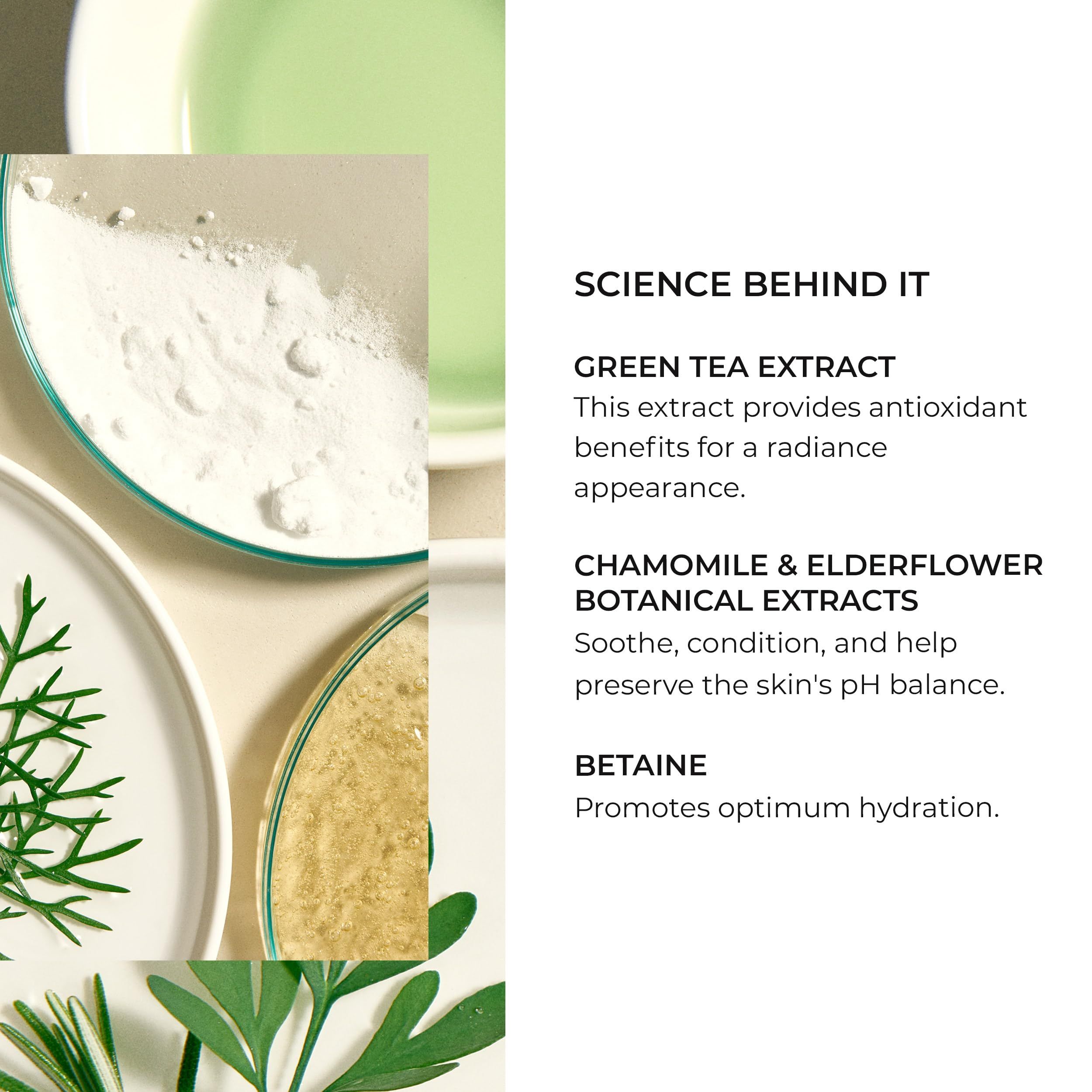 Primo piano di utensili da laboratorio. Testo: Green Tea Extract, Chamomile & Elderflower, Betaine.
