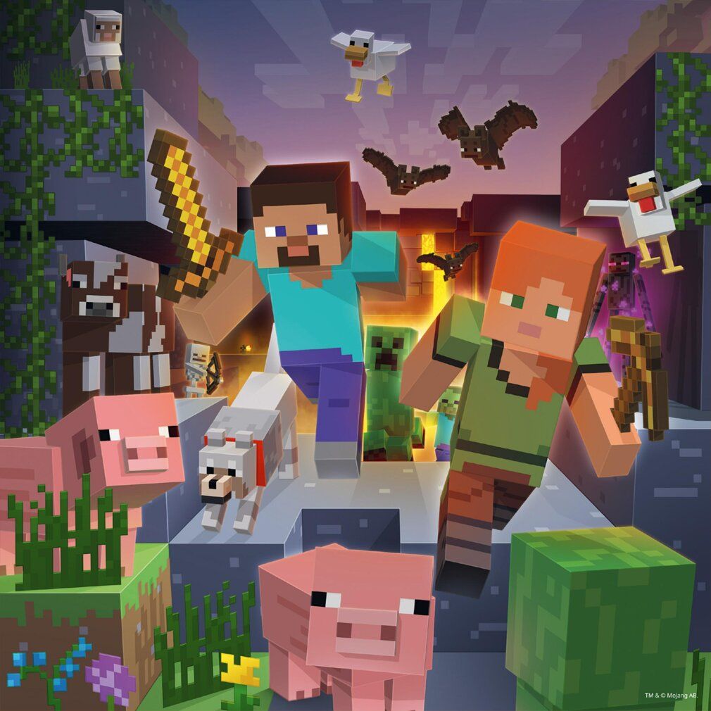 Scena Minecraft con personaggi e animali. Personaggi: Steve e Alex. Animali: maiali, pecore, cani, polli.