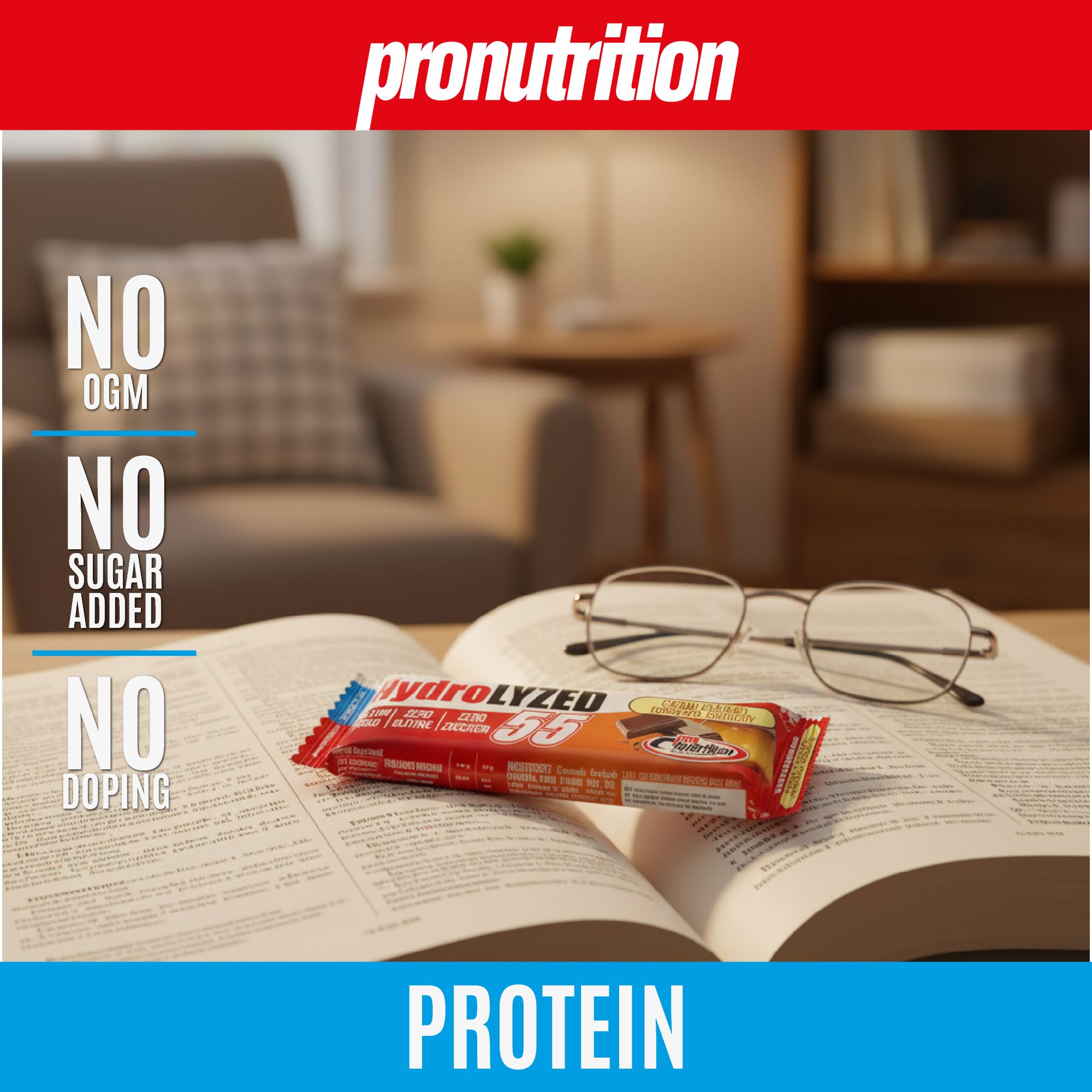 Barretta proteica su libro aperto con occhiali. Scritte: NO OGM, NO SUGAR ADDED, NO DOPING. Marchio Pronutrition.