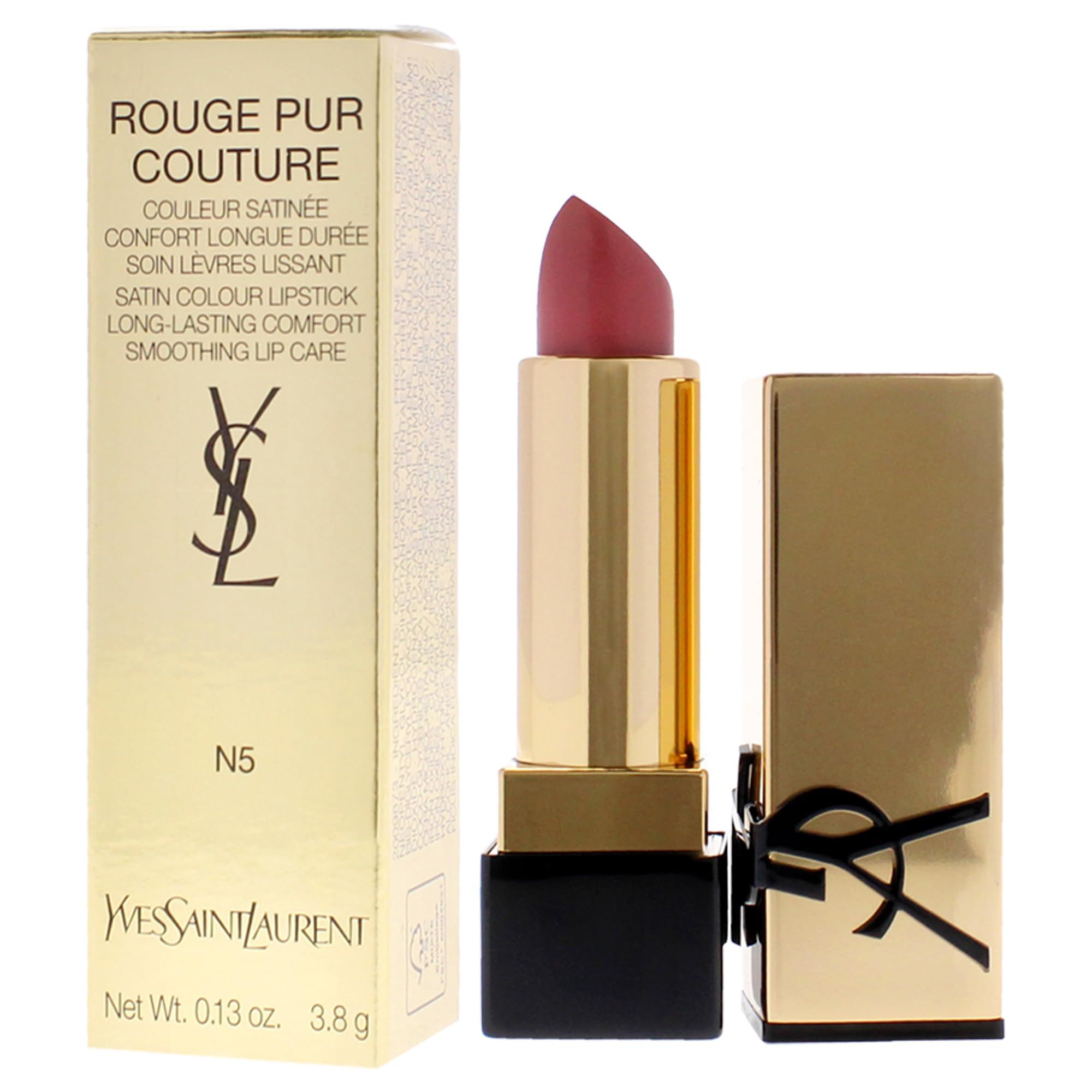 Rossetto con custodia dorata e base nera. Sulla confezione sono presenti le scritte "Rouge Pur Couture" e "Yves Saint Laurent".
