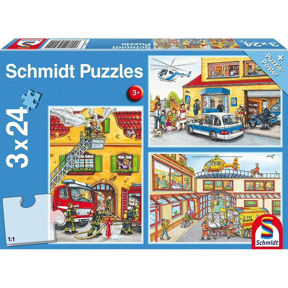 Scatola puzzle con 3 puzzle da 24 pezzi. Temi: vigili del fuoco e polizia. Marca: Schmidt Spiele. Età: 3+. Con poster del puzzle.