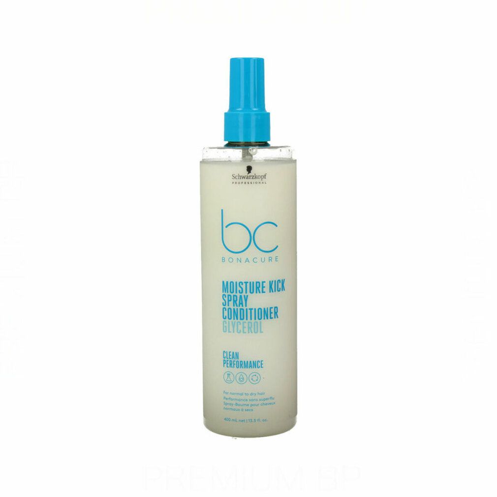 Flacone spray con erogatore blu. Scritta: bc BONACURE, Moisture Kick Spray Conditioner Glycerol. Liquido trasparente.