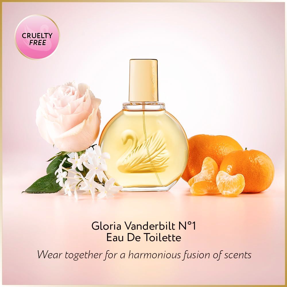 Flacone di profumo rotondo con design a cigno. Testo: Gloria Vanderbilt N°1 Eau De Toilette.