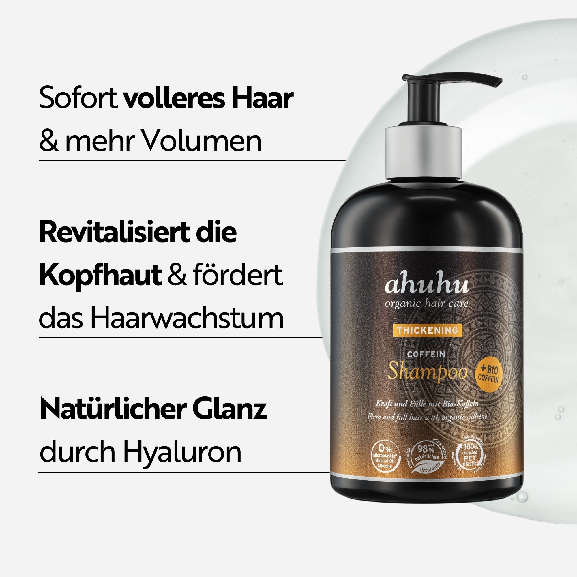 Flacone con dosatore circondato da liquido. Testo: Capelli più folti e più volume. Rivitalizza il cuoio capelluto e favorisce la crescita dei capelli. Lucentezza naturale grazie all'acido ialuronico.