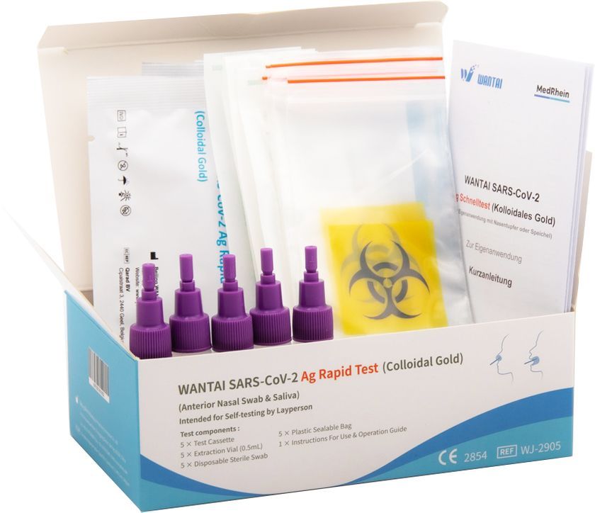 Kit test rapido Wantai SARS-CoV-2 Ag aperto con 3 cassette, 3 provette per estrazione e 3 tamponi.