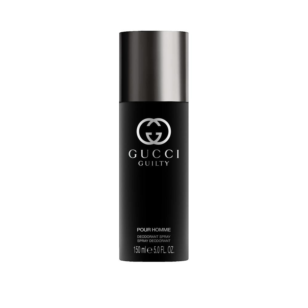 Flacone spray deodorante nero con tappo argentato. Logo Gucci argentato e scritta "GUILTY POUR HOMME".