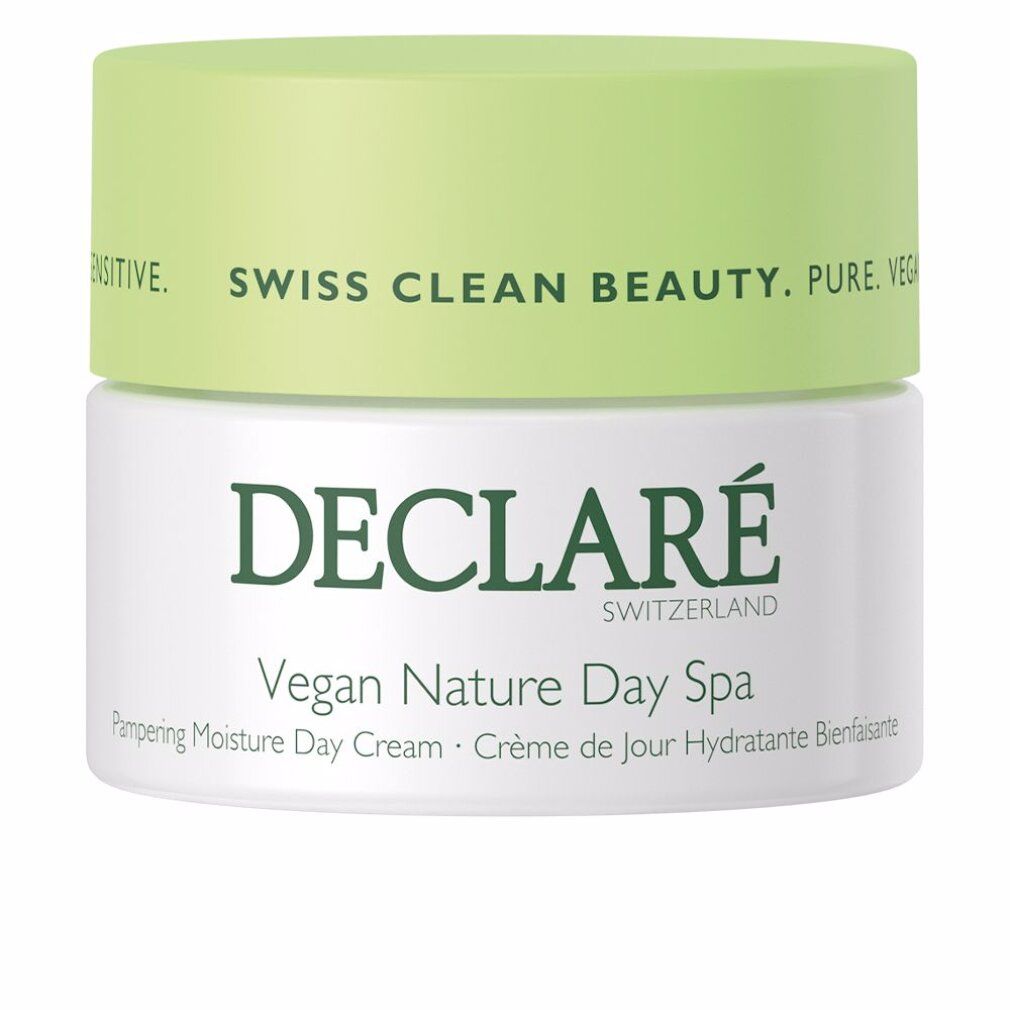 Vasetto di crema con coperchio verde. Scritta: DECLARÉ, Vegan Nature Day Spa. Testo: Pampering Moisture Day Cream.