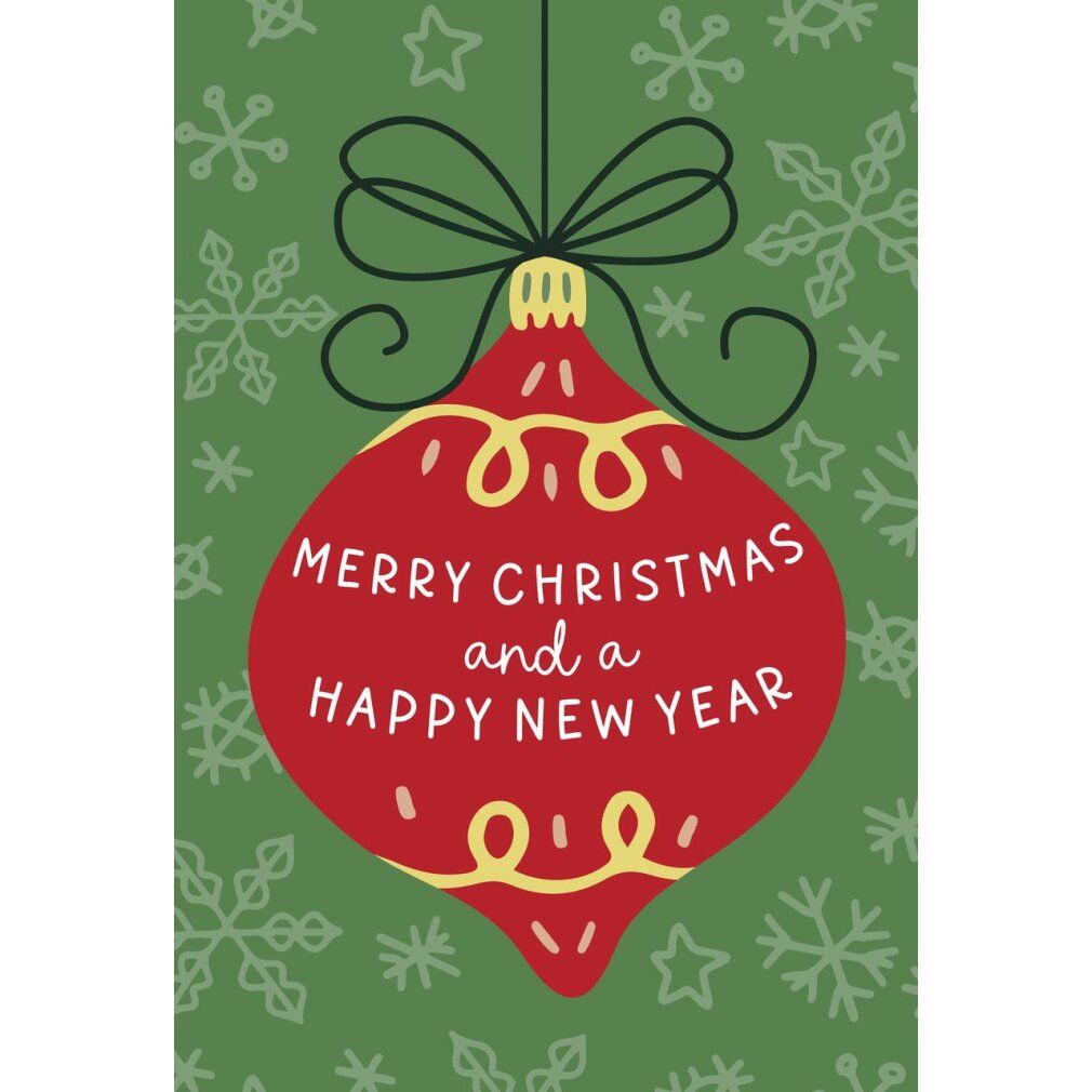 Decorazione natalizia rossa con testo Merry Christmas and a Happy New Year su sfondo verde con fiocchi di neve.