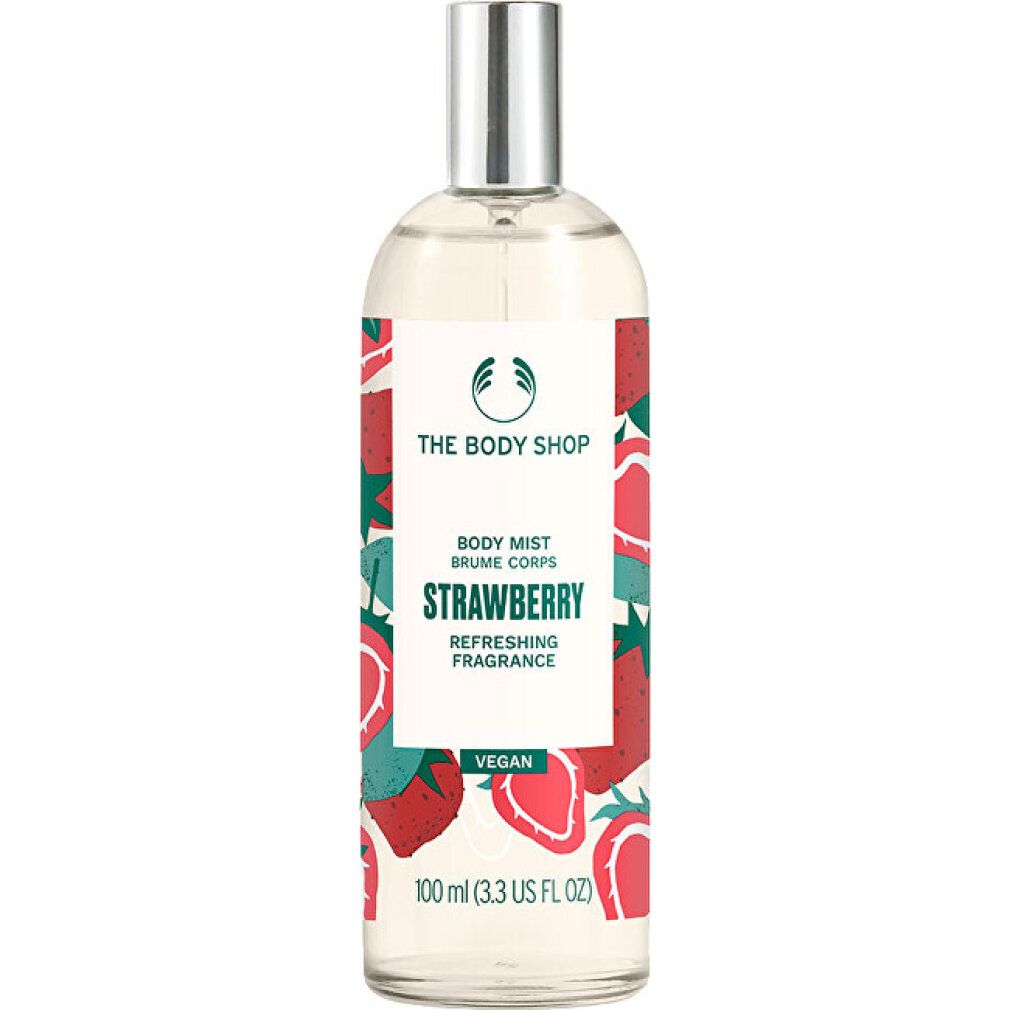 Flacone di Body Mist con design fragola. Scritta: Strawberry, Body Mist, The Body Shop. Erogatore argentato. Vegano.