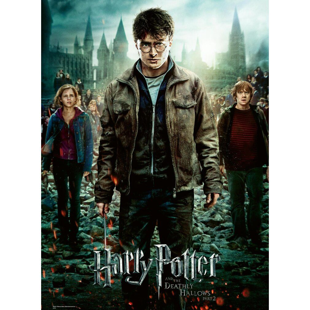 Puzzle di Harry Potter, motivo: Harry, Hermione e Ron. Sfondo: castello. Titolo: Harry Potter e i Doni della Morte, Parte 2.