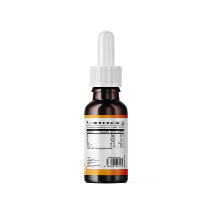 Flacone di vetro marrone con contagocce bianco. Retro con etichetta e informazioni nutrizionali. Striscia arancione. Gocce.