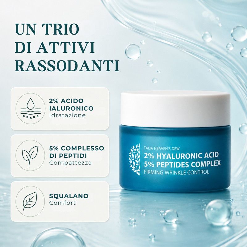 Un vasetto blu di prodotti per la cura della pelle e infografiche sugli ingredienti.